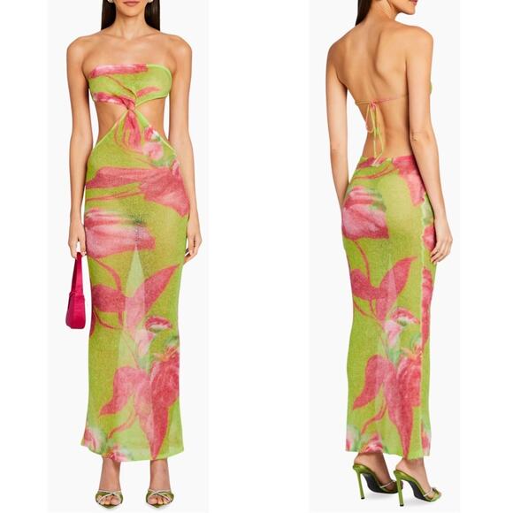 Retrofete Fontelina Mohair Knit Floral Cutout Lime Anthurium Maxi Dress Size XS - Picture 3 of 10